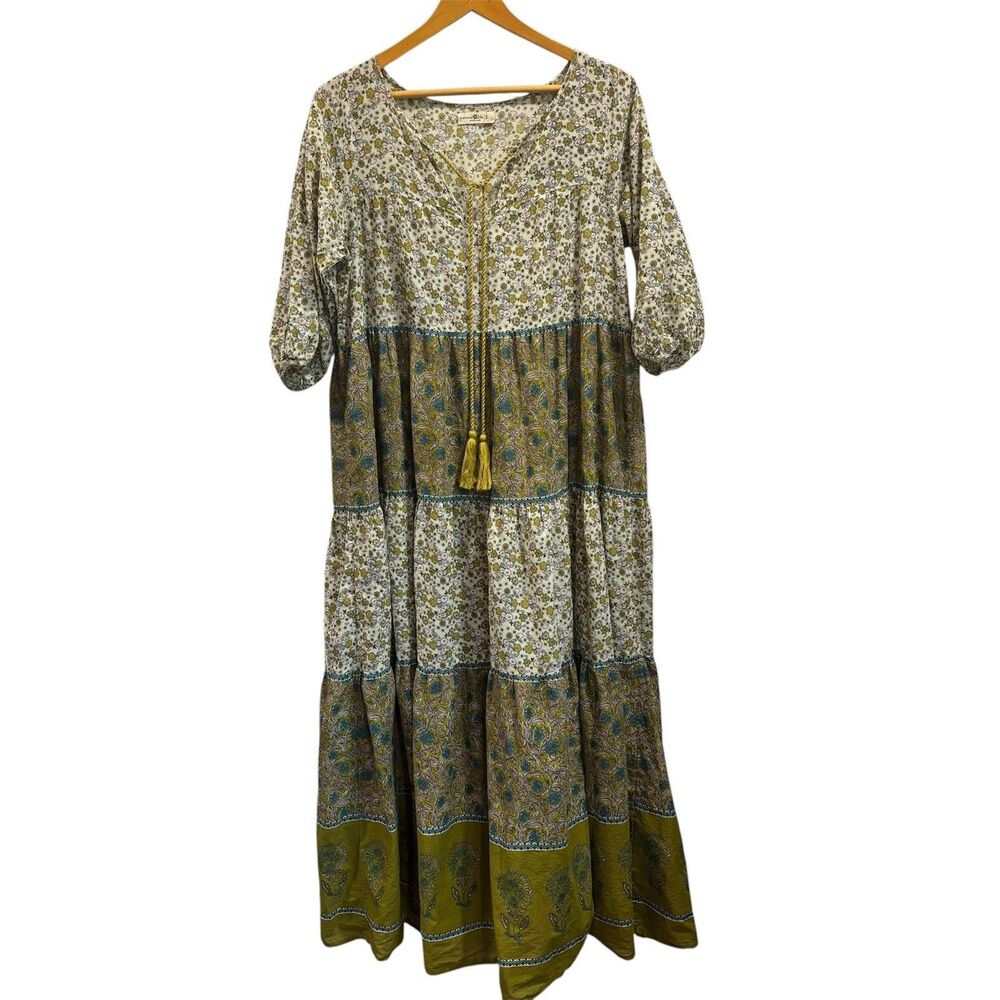 Natural Life Size small short puff sleeve Boho Maxi Dress tassel tie V-neck